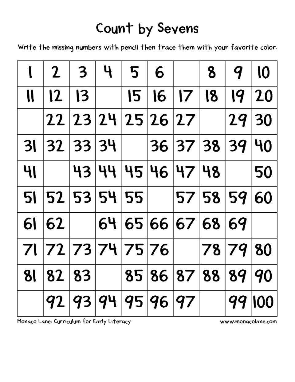 Count by sevens: learners write 7, 14, 21 and the other missing multiples of 7 up to 98, then trace them in color
