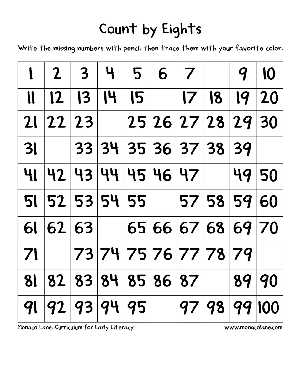Count by eights: students complete a hundred chart with the missing multiples of 8, from 8 through 96, and trace them