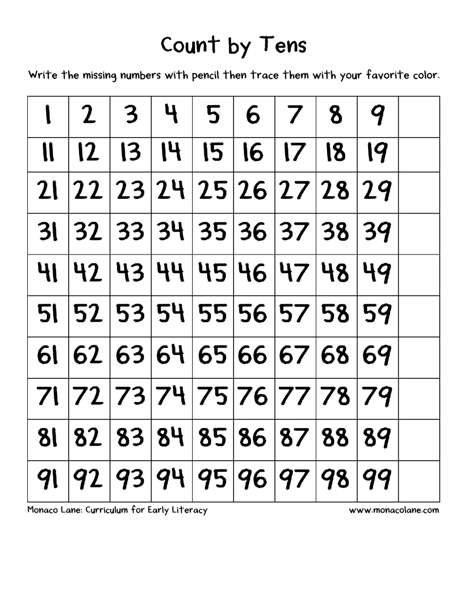 Count by tens: students fill the empty spaces with 10, 20, 30 through 100 on a hundred chart and trace each in color