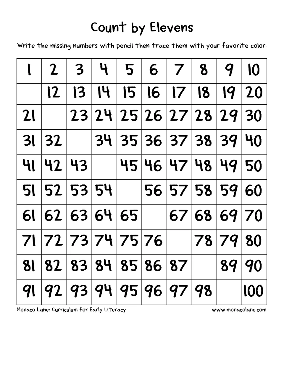 Count by elevens: students write 11, 22, 33 and the other missing multiples of 11 to 99, which fall along a diagonal