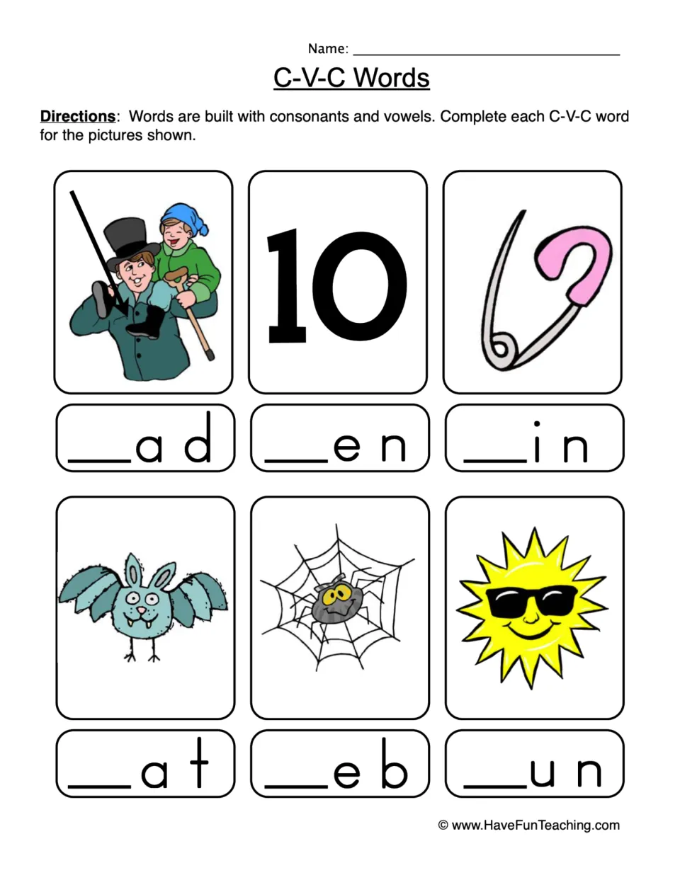 C-V-C Words: students write the missing beginning letter under six pictures: dad, ten, pin, bat, web and sun