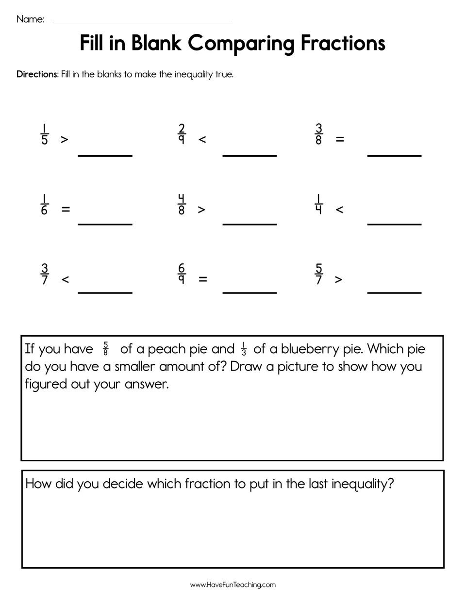 Comparing fractions: students fill blanks to make 9 inequalities true, then compare 5/8 and 1/3 of a pie