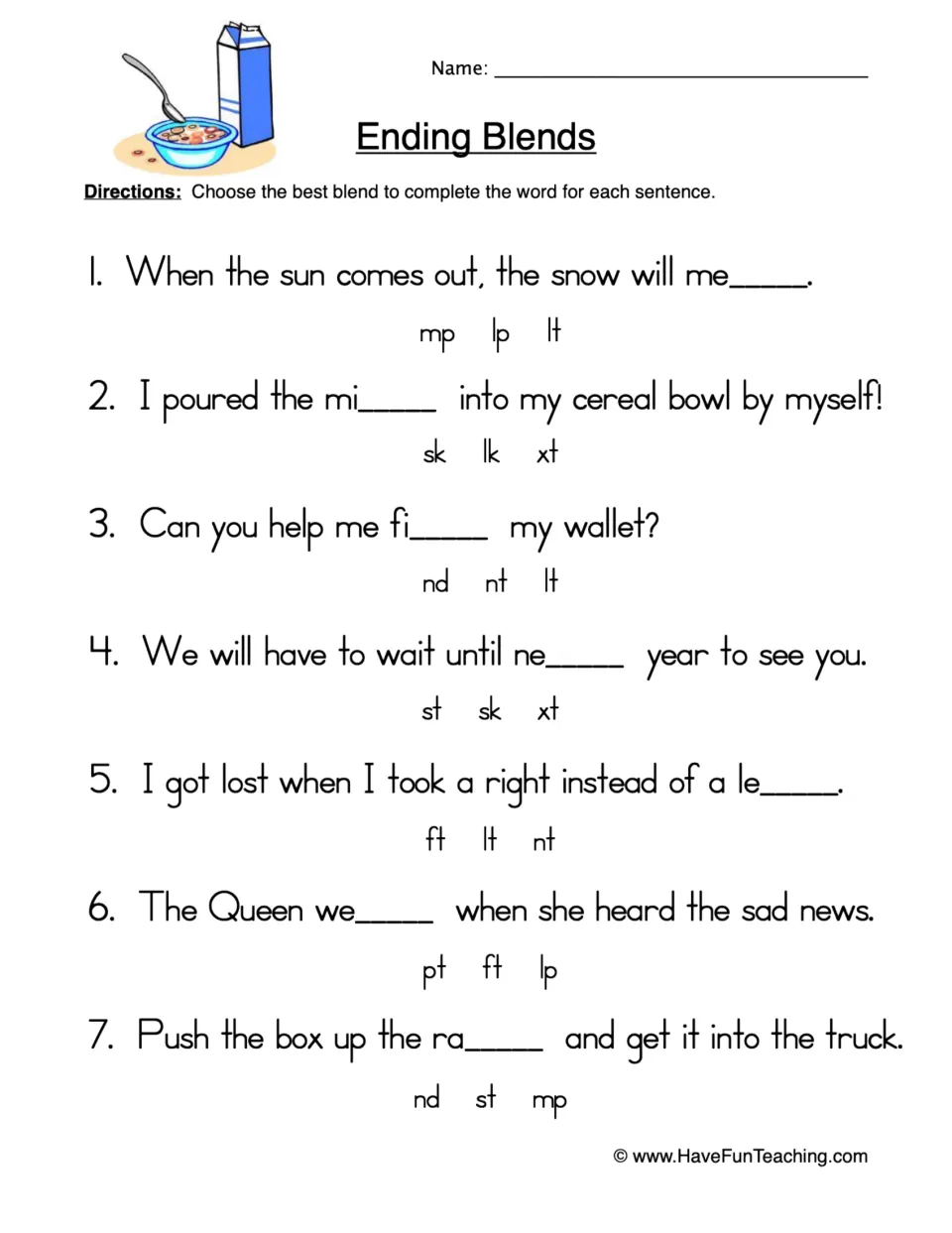 Ending blends practice: seven sentences with choices to complete melt, milk, find, next, left, wept, and ramp.