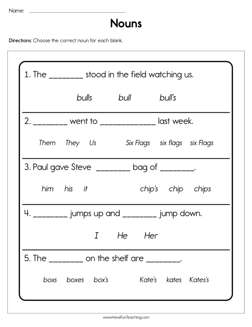 Nouns: students choose correct noun or pronoun for each blank in 5 sentences, weighing plurals, possessives and capitals