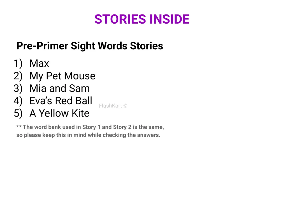 Stories Inside list in a purple heading: five pre-primer sight word stories, Max to A Yellow Kite, with a word bank note
