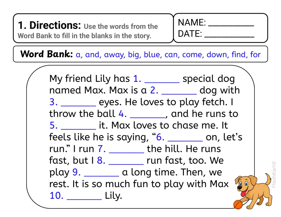 Story 1, Max the dog: students fill 10 blanks using a word bank of a, and, away, big, blue, can, come, down, find and for