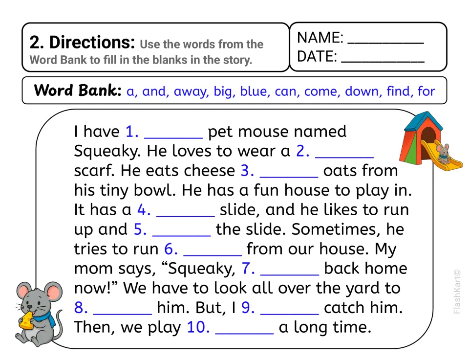 Story 2, Squeaky the pet mouse: students complete 10 blanks in the story with the same ten pre-primer words as Story 1