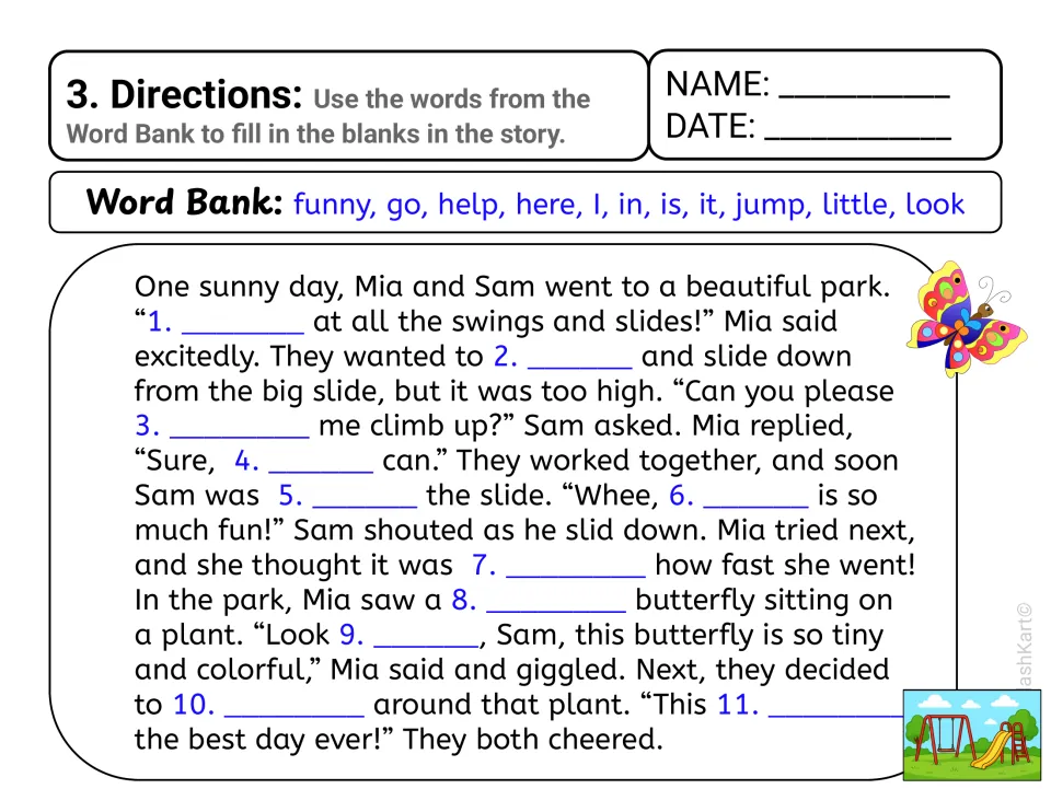 Story 3, Mia and Sam at the park: students fill 11 blanks with sight words such as funny, go, help, here, jump and look