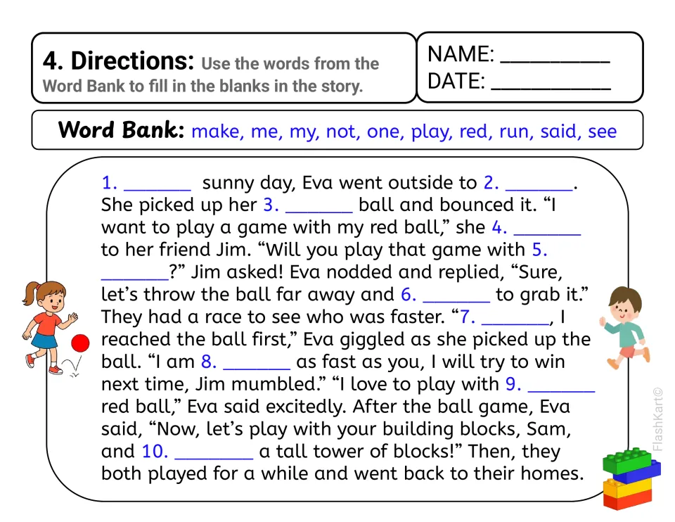 Story 4, Eva's red ball: students fill 10 blanks with sight words make, me, my, not, one, play, red, run, said and see