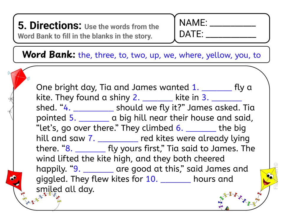 Story 5, Tia and James fly a kite: students fill 10 blanks with words like the, three, two, up, we, where, yellow and you
