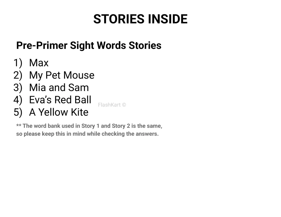 Black-and-white Stories Inside page listing Max, My Pet Mouse, Mia and Sam, Eva's Red Ball and A Yellow Kite