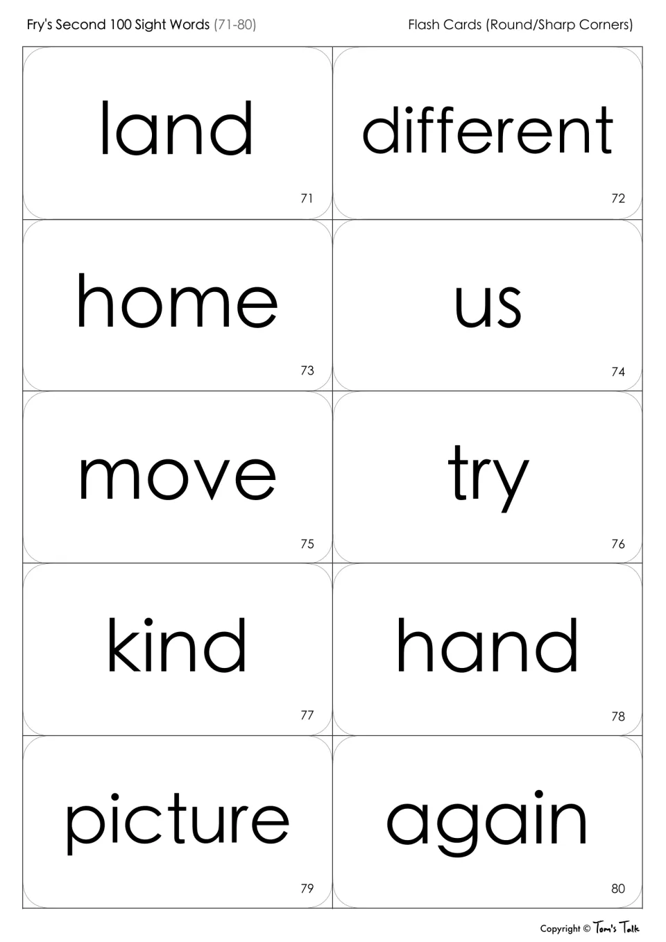 Sight word flash cards 71-80 to cut apart and read: land, different, home, us, move, try, kind, hand, picture, again
