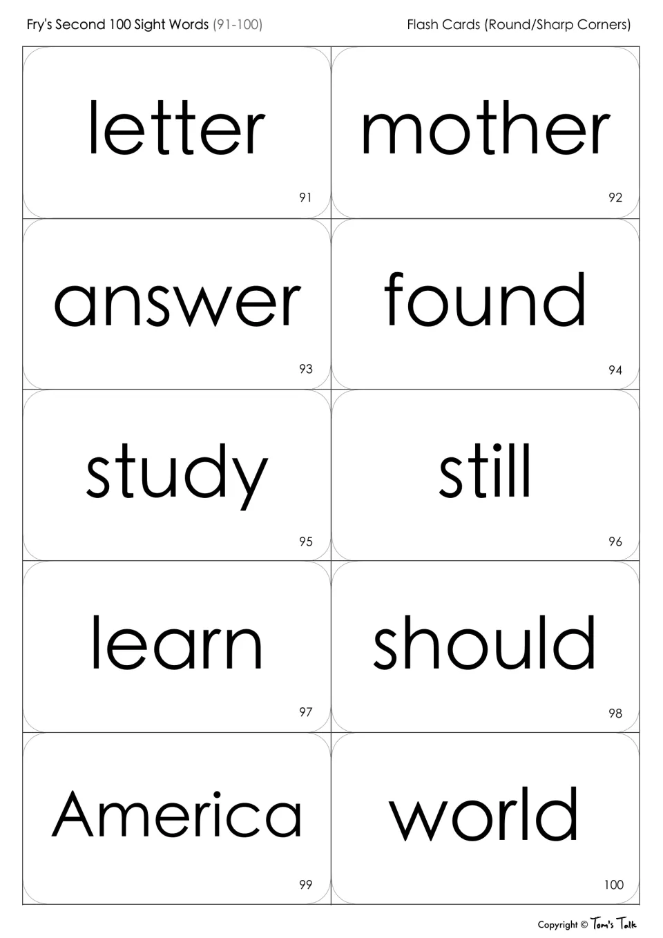 Sight word flash cards 91-100 to cut and read: letter, mother, answer, found, study, still, learn, should, America, world