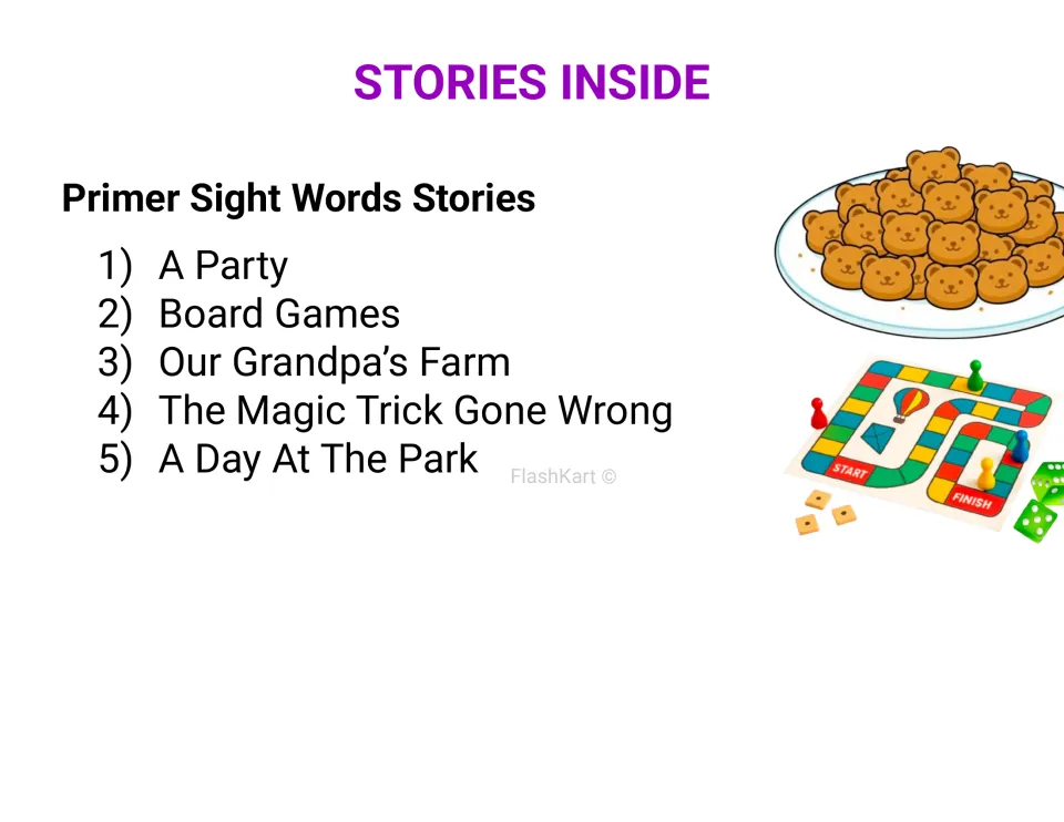 Stories Inside: five primer sight word stories, A Party, Board Games, Grandpa's Farm, Magic Trick and A Day at the Park