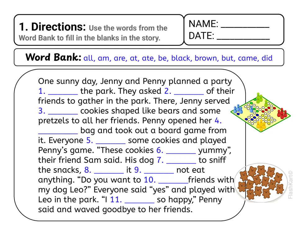 Story 1, A Party: students fill 11 blanks using a word bank of primer sight words such as all, am, are, black and came