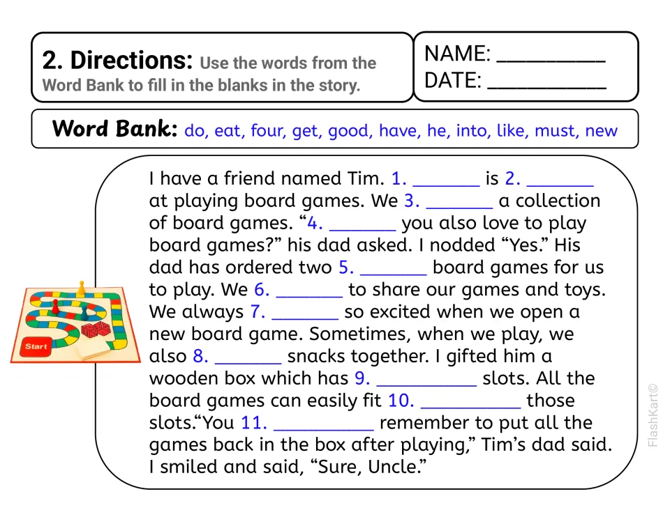 Story 2 about board games with friend Tim: students complete 11 blanks with sight words like do, have, into and must