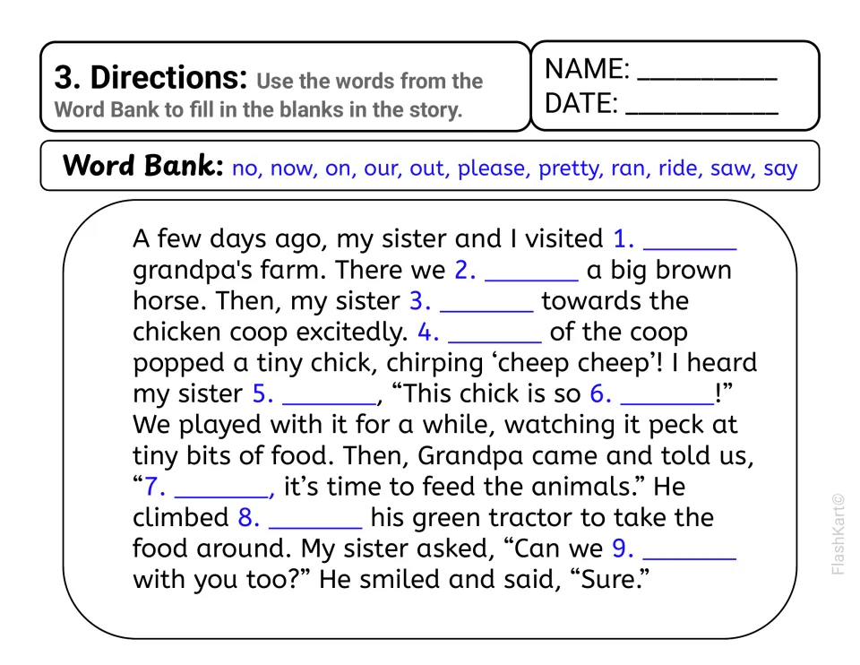 Story 3, part one, a visit to Grandpa's farm: students fill blanks 1 to 9 with sight words like now, our, ran and say
