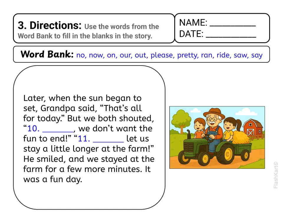 Story 3, part two, Grandpa's farm at sunset: students fill blanks 10 and 11 from the same word bank; tractor scene shown