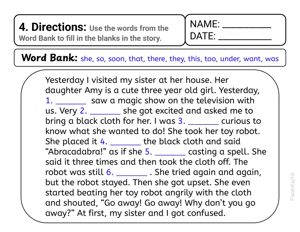 Story 4, part one, Amy's magic trick with a robot: students fill blanks 1 to 6 with words like she, under and was