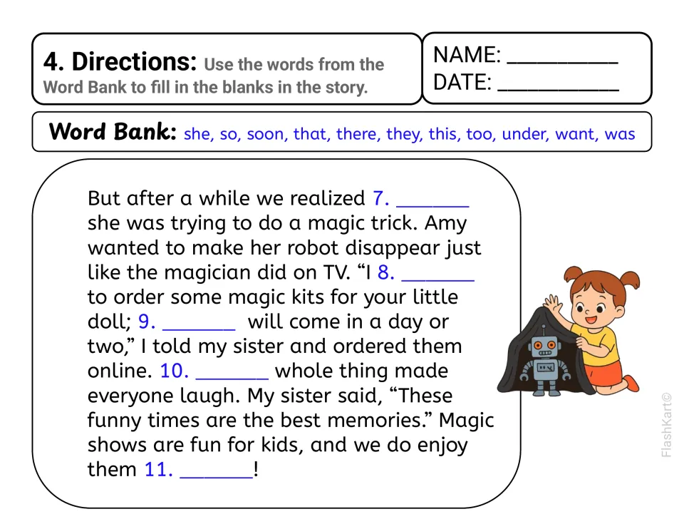 Story 4, part two, the magic trick gone wrong: students complete blanks 7 to 11 with words like that, want, this and too
