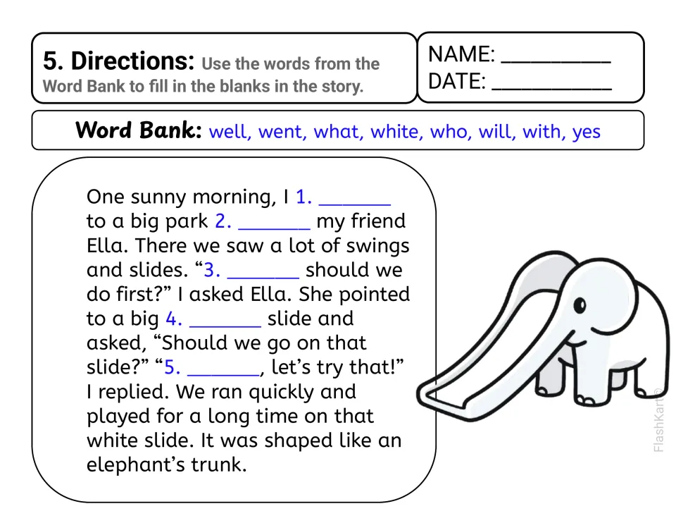 Story 5, part one, a day at the park with Ella: students fill blanks 1 to 5 with words like went, what, white and yes