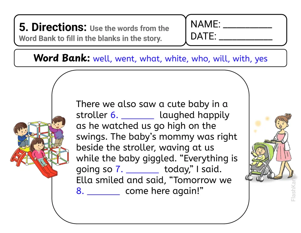 Story 5, part two, a baby in a stroller at the park: students fill blanks 6 to 8 with sight words like who, well and will