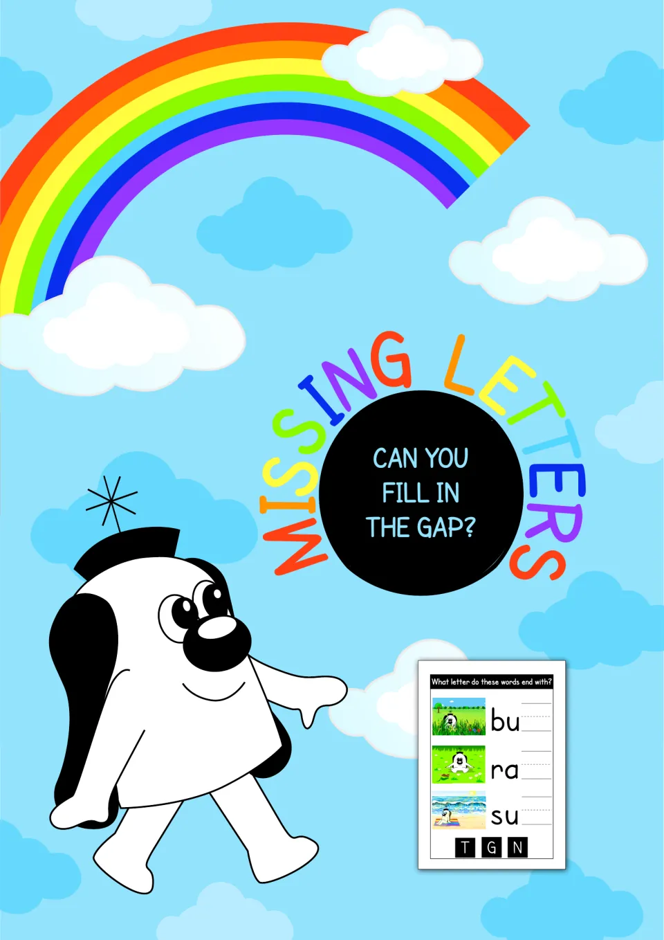Missing Letters cover asking "Can you fill in the gap?" with a cartoon alien and a sample ending-letter page for bu, ra, su