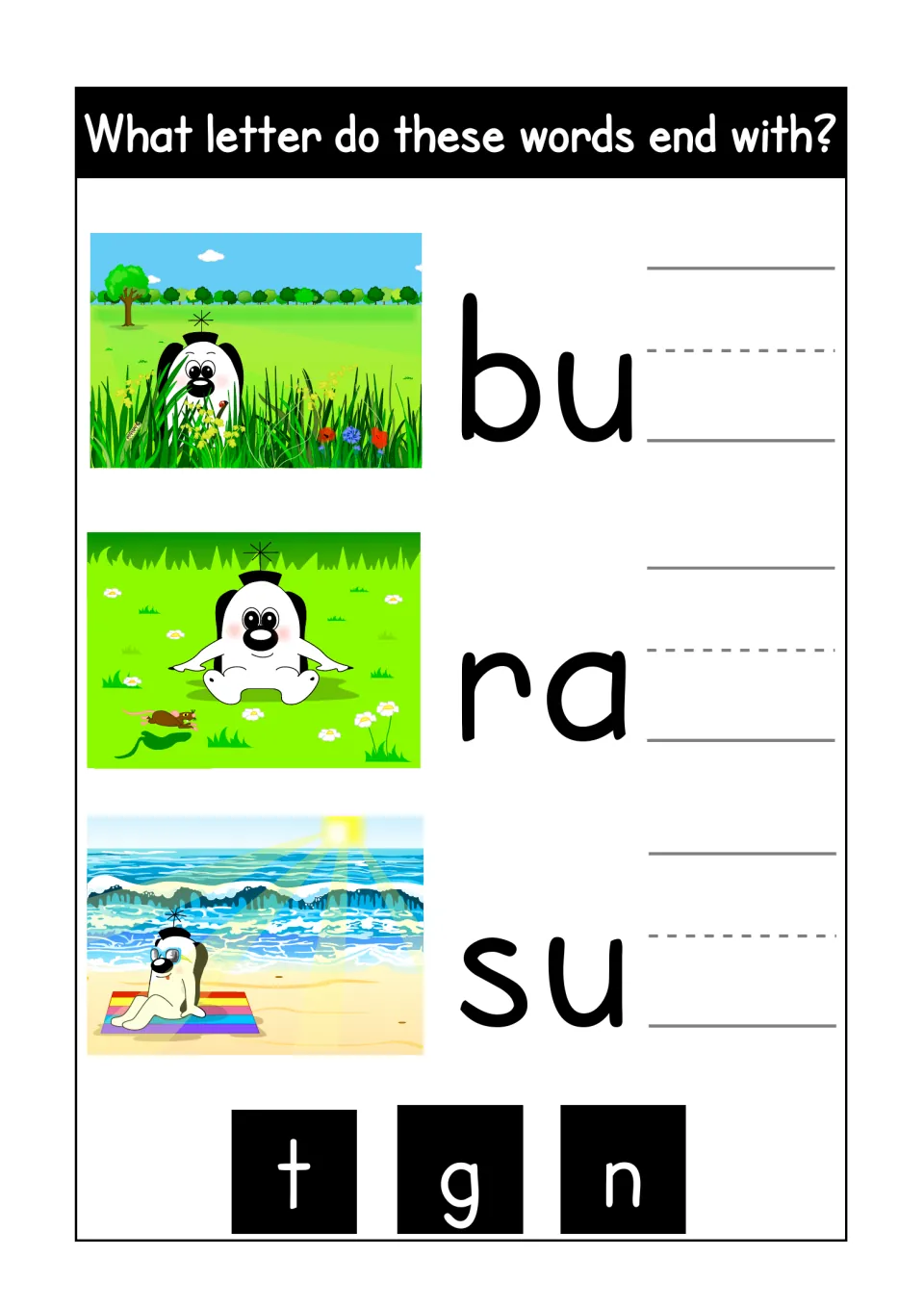 Ending sounds: students choose t, g or n to finish bu, ra and su, each word cued by a picture of the cartoon alien