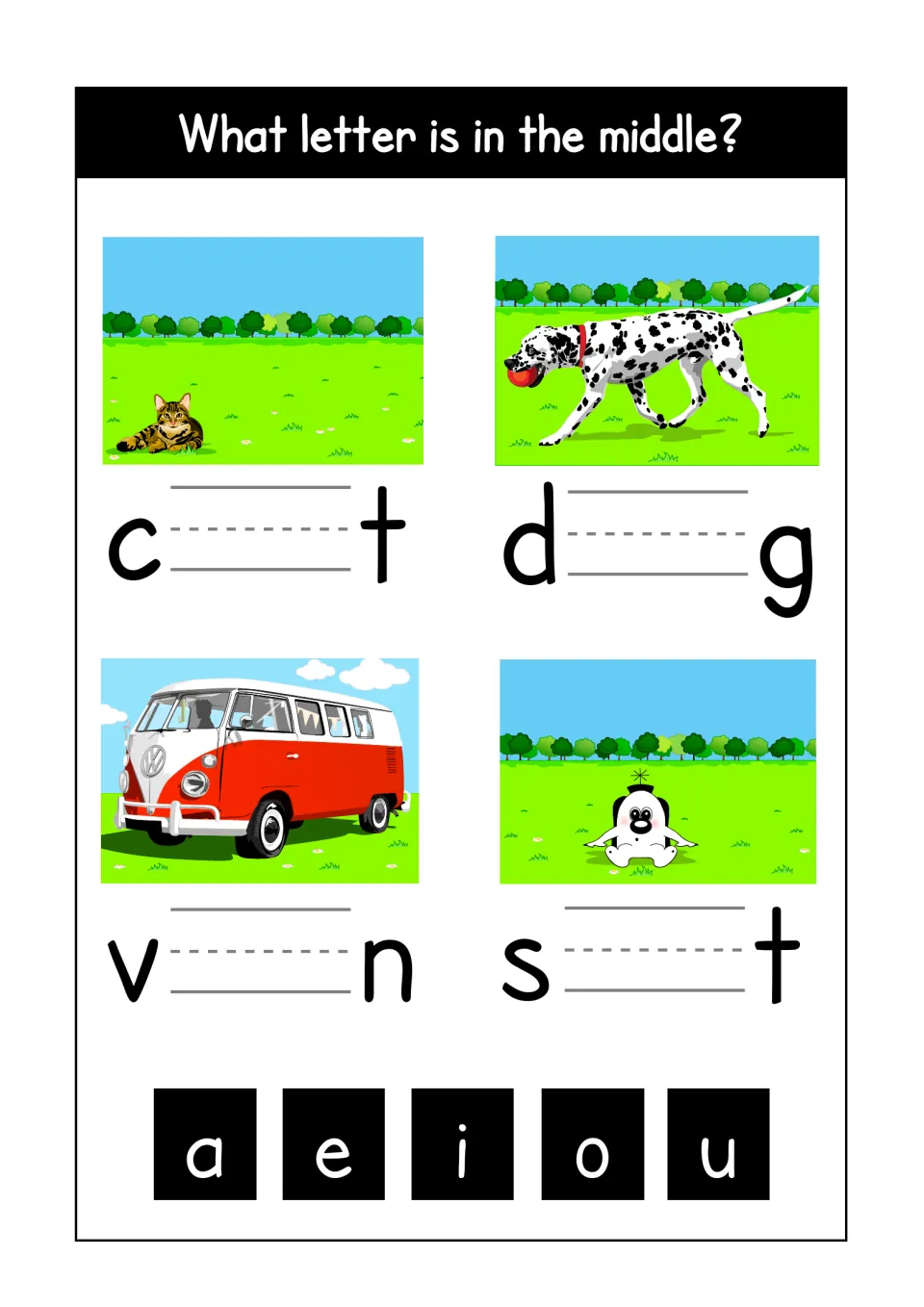 Middle vowels: students pick a, e, i, o or u to complete c_t, d_g, v_n and s_t beside pictures of a cat, dog, van and alien