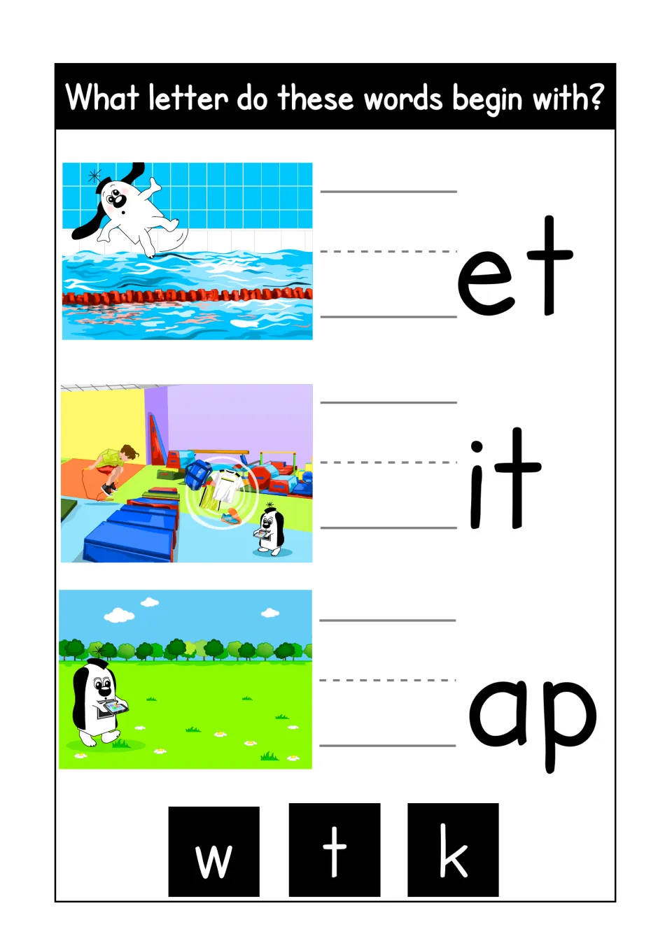 Beginning sounds: students choose w, t or k to start _et, _it and _ap, with pictures of a pool dive, a gym kit and a tablet