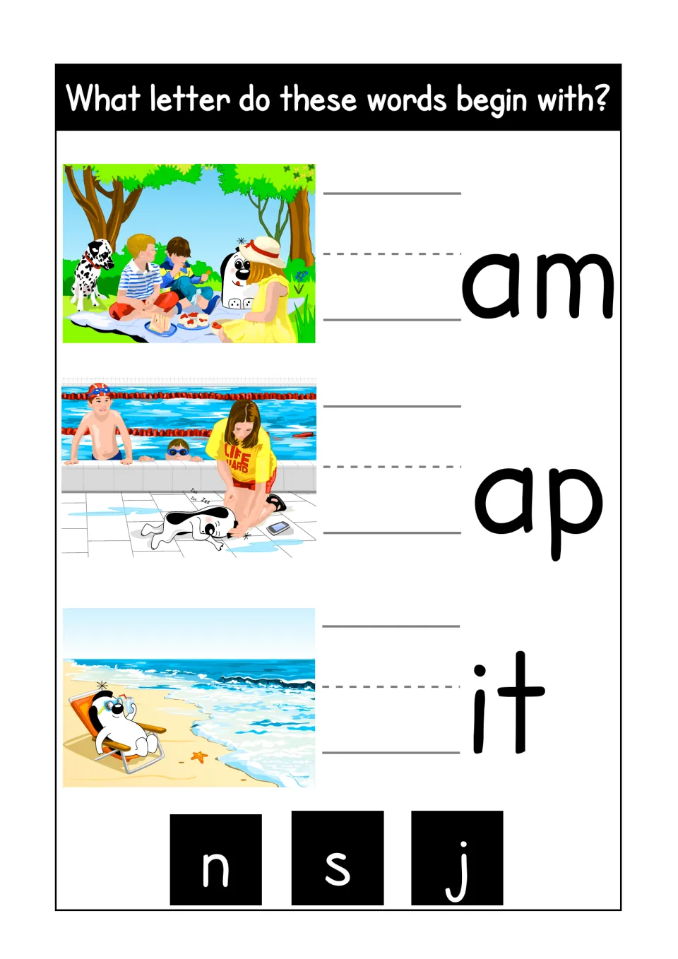 Beginning sounds: students choose n, s or j to start _am, _ap and _it, with picnic, poolside nap and beach chair pictures
