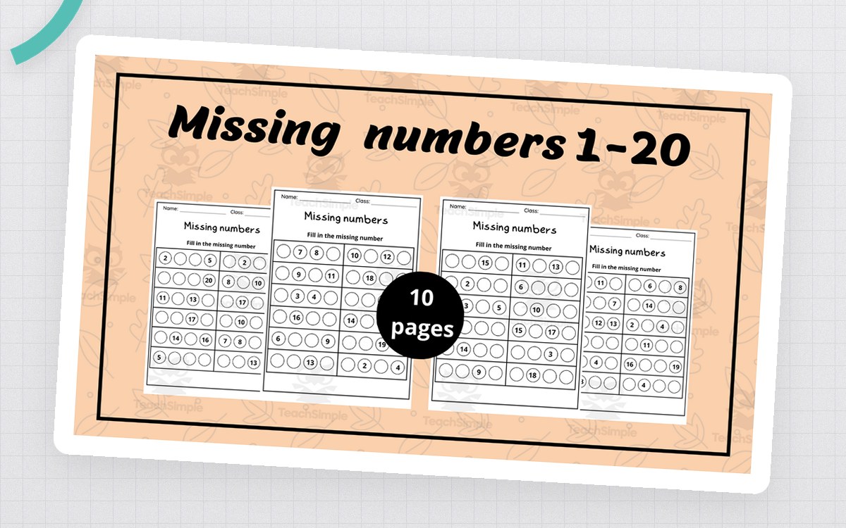 Missing Numbers 1–20 cover showing ten pages of fill-in counting grids.