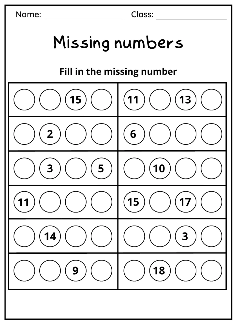 Missing numbers: students fill in 12 four-circle counting rows within 20, first rows reading _ _ 15 _ and 11 _ 13 _