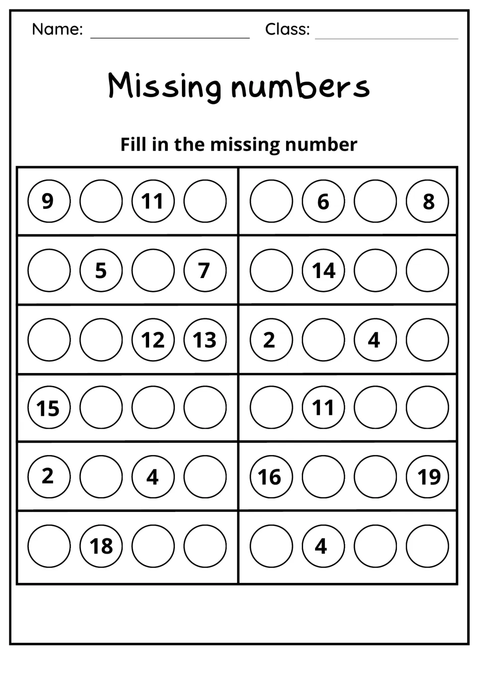 Missing numbers: students complete 12 four-number counting rows to 20, beginning with 9 _ 11 _ and _ 6 _ 8