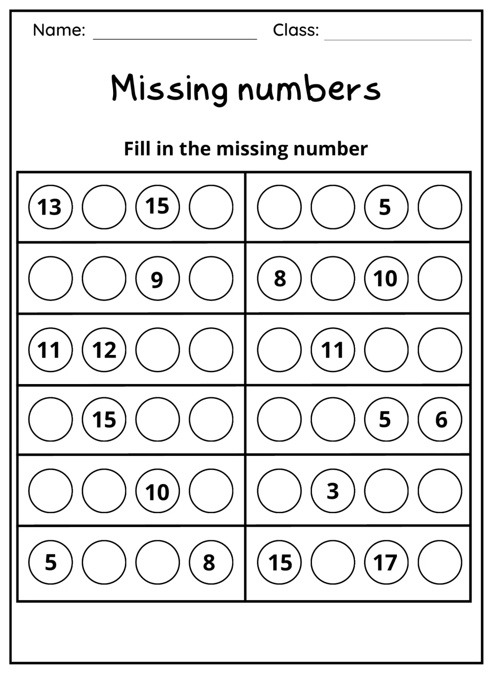 Missing numbers: students write the gaps in 12 number sequences to 20; first rows read 13 _ 15 _ and _ _ 5 _