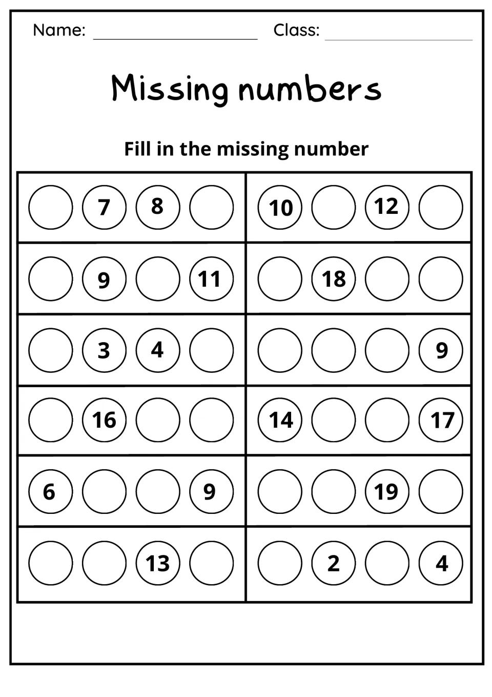 Missing numbers: number order within 20, filling blank circles in 12 rows that open with _ 7 8 _ and 10 _ 12 _