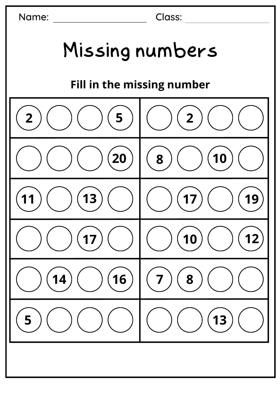 Missing numbers: counting sequences to 20 with 12 rows to complete, including 2 _ _ 5 and _ _ _ 20