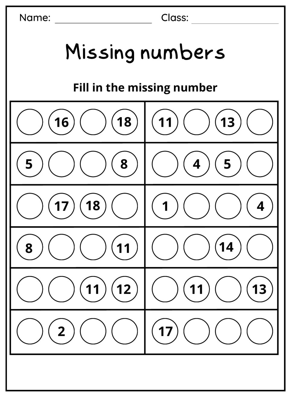 Missing numbers: students fill the gaps in 12 counting rows such as _ 16 _ 18, 1 _ _ 4 and 5 _ _ 8