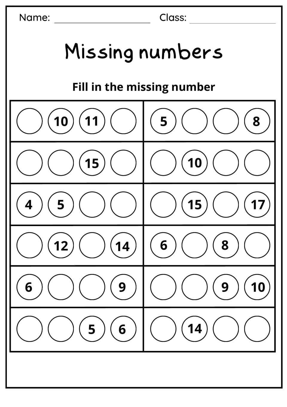 Missing numbers: 12 counting rows within 20 to complete, starting with _ 10 11 _ and 5 _ _ 8