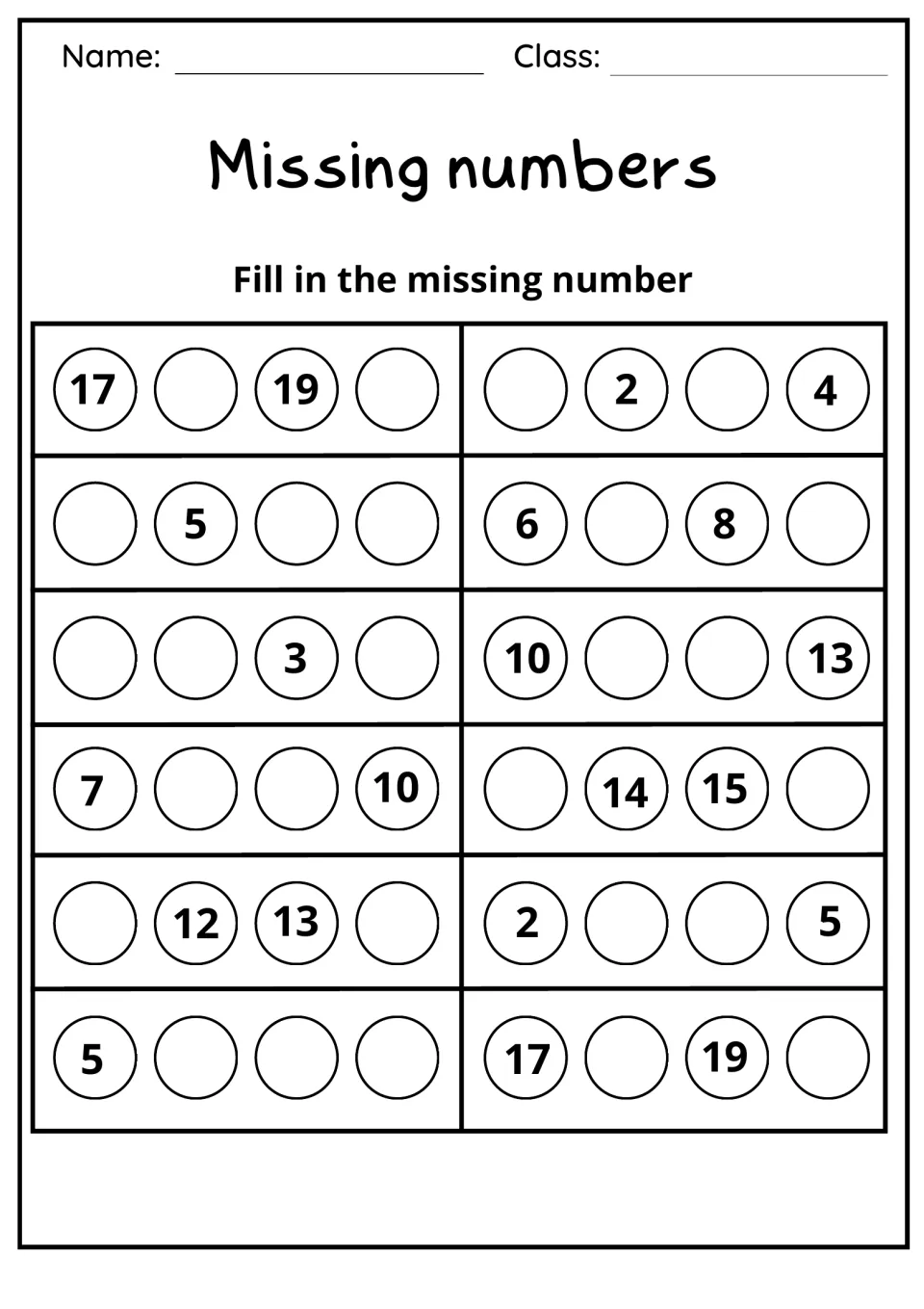 Missing numbers: students complete 12 sequences within 20, opening with 17 _ 19 _ and _ 2 _ 4