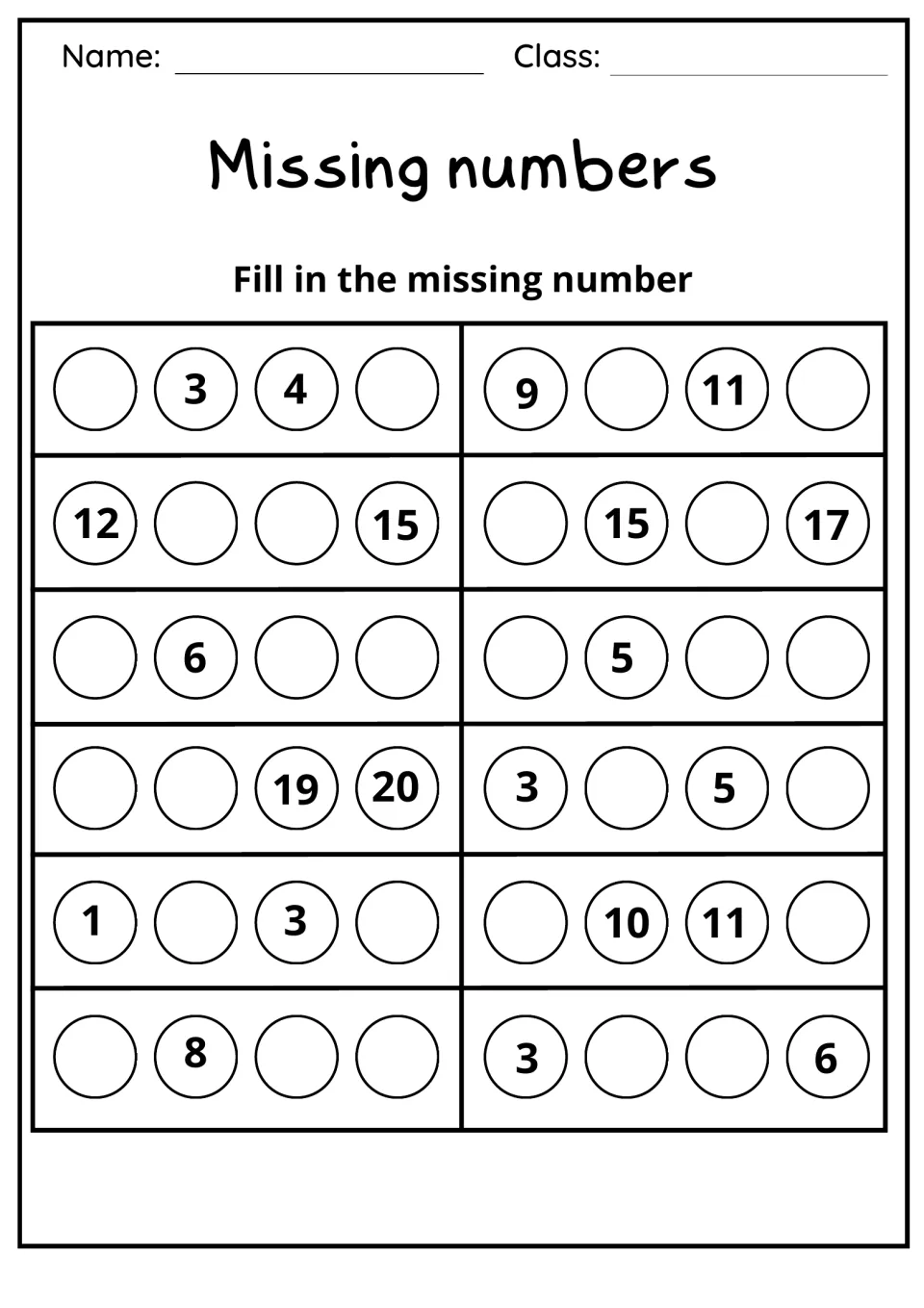 Missing numbers: fill-in counting within 20 across 12 rows, including _ _ 19 20 and 1 _ 3 _
