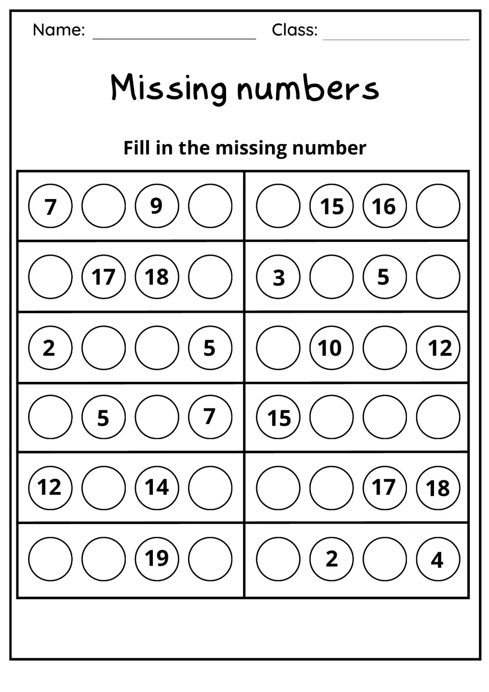 Missing numbers: students write missing numbers in 12 counting rows, starting with 7 _ 9 _ and _ 15 16 _