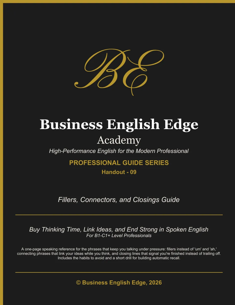 Cover of the speaking guide for B1–C1+ professionals: buy thinking time, link ideas, and end spoken responses.
