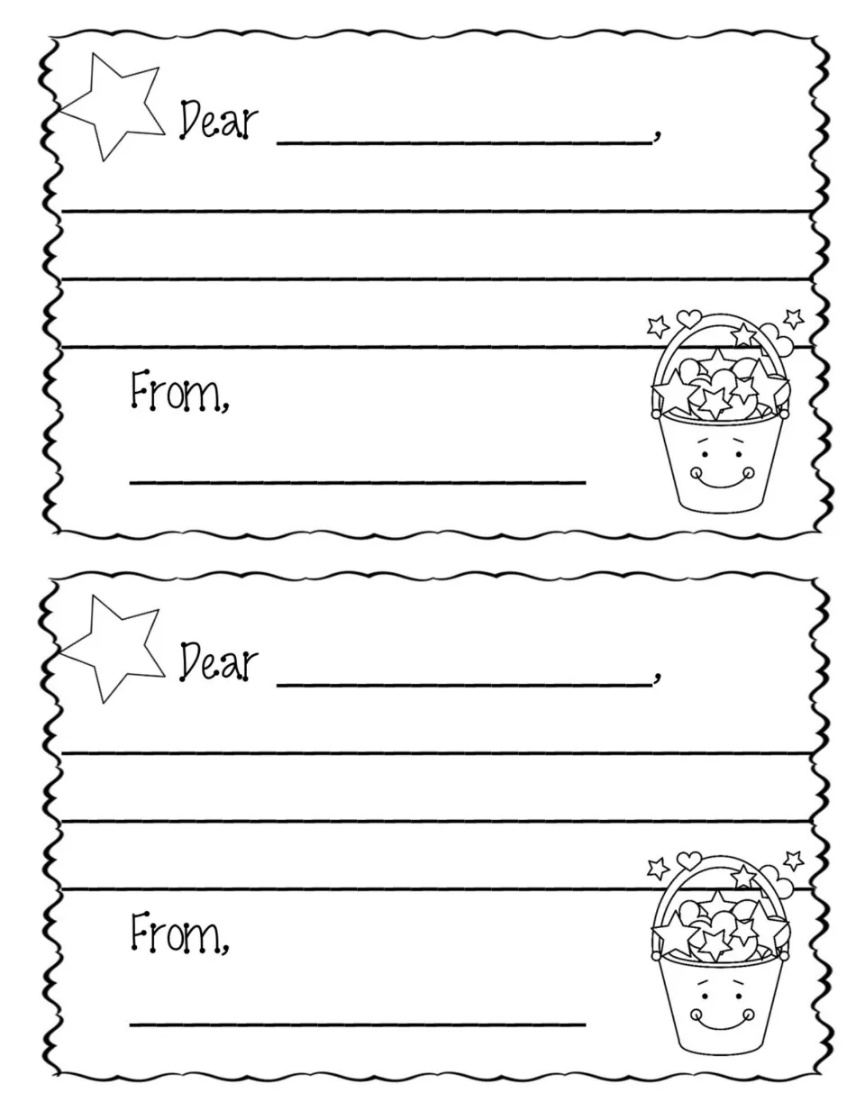 Two blank kindness notes: students write a classmate's name after Dear, a compliment, and sign their name after From