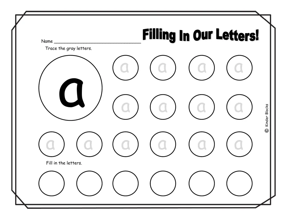 Lowercase a handwriting: students trace 14 gray lowercase a letters, then form 6 more by themselves