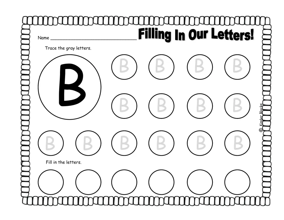 Capital B handwriting: students trace 14 gray uppercase B letters, then write 6 B's freehand under 'Fill in the letters'