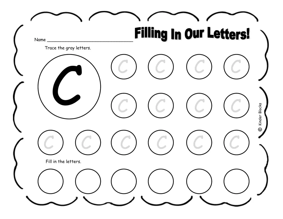 Capital C handwriting: students trace 14 gray uppercase C letters, then write 6 more C's on their own