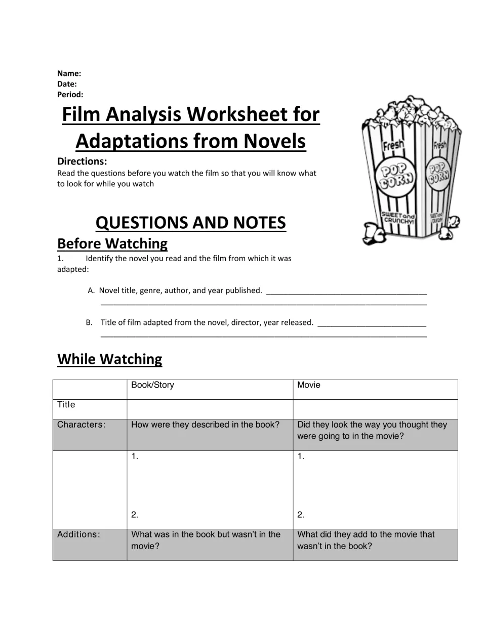 Film analysis for novel adaptations: students record novel and film details, then compare characters and additions