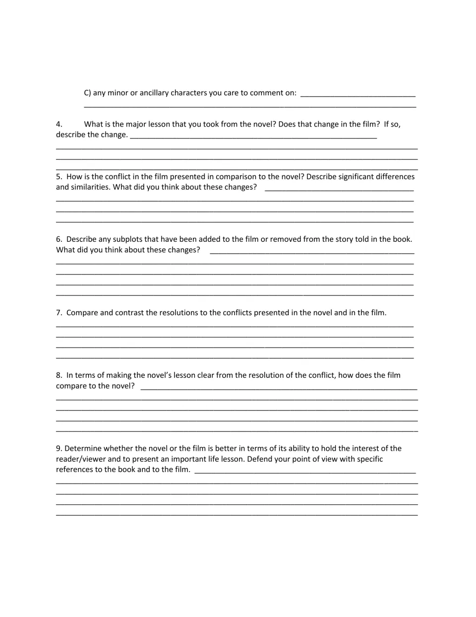 After-watching questions 4 to 9: students compare the lesson, conflict, subplots and resolution in the novel and film