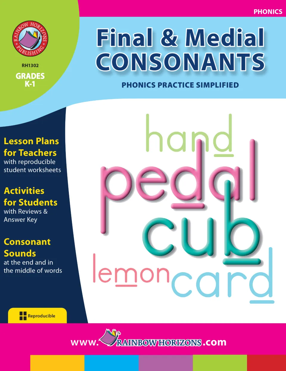 Final & Medial Consonants - Phonics Practice Simplified cover for grades K–1, showing hand, pedal, and cub